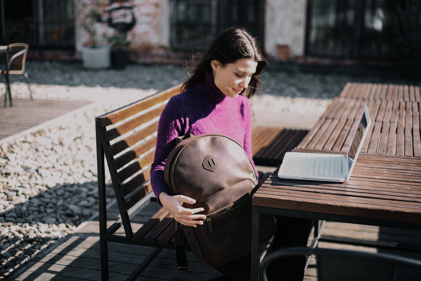 Leather Backpack City for Woman - Brown