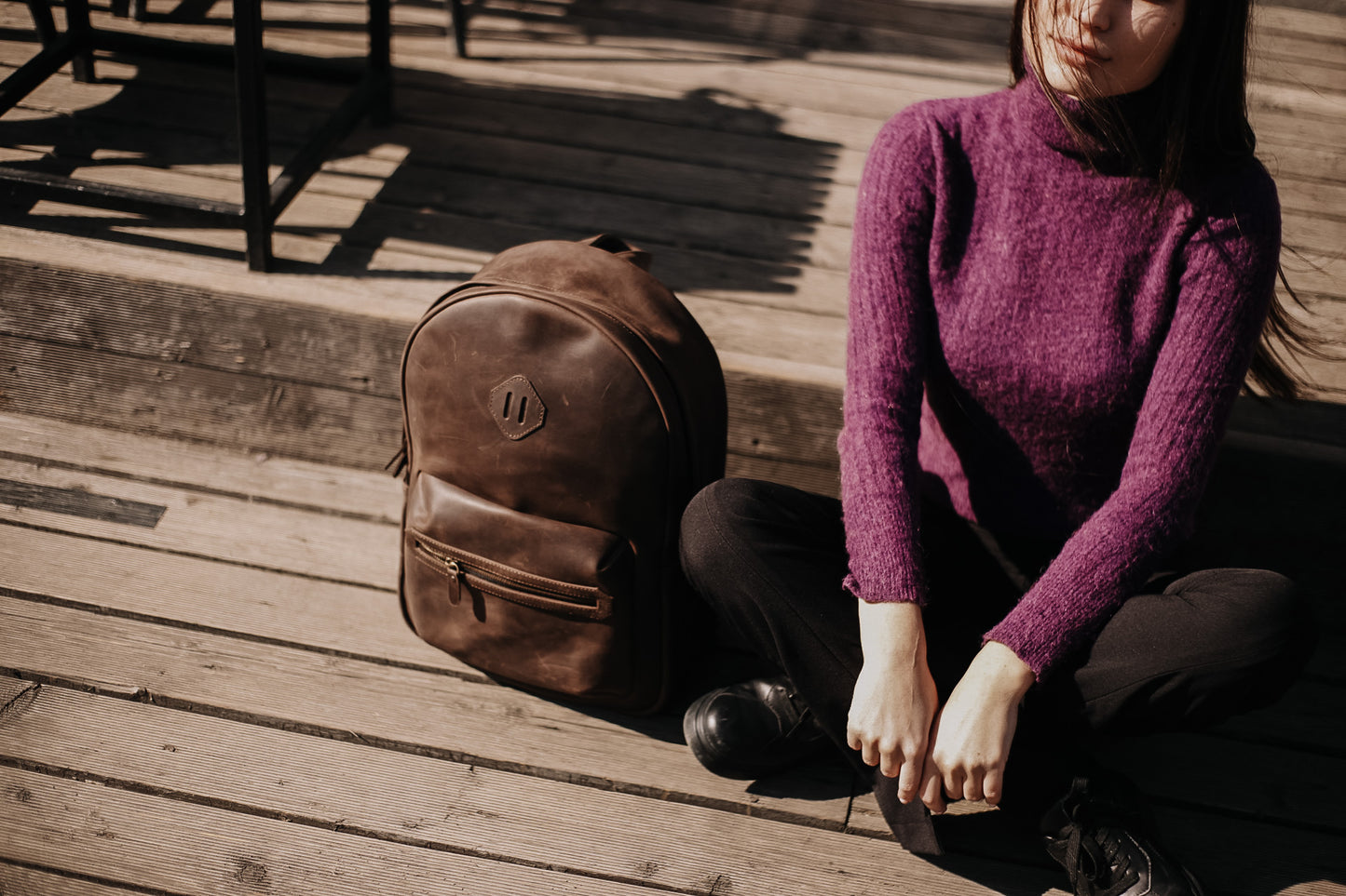 Leather Backpack City for Woman - Brown
