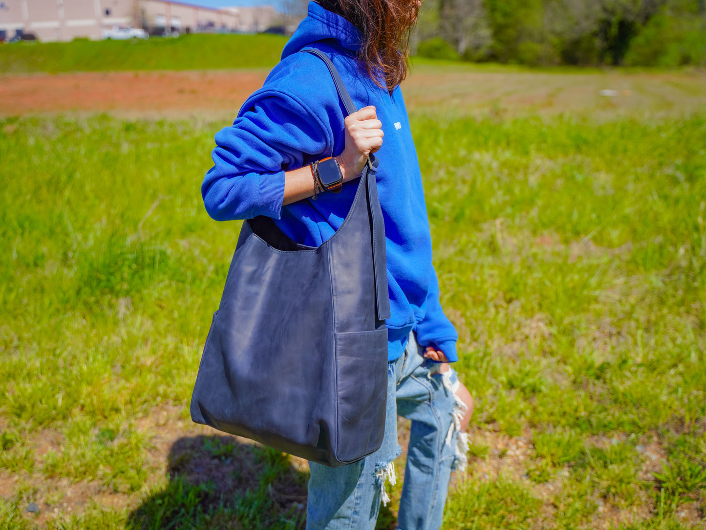 Leather Bell Tote Bag - Navy