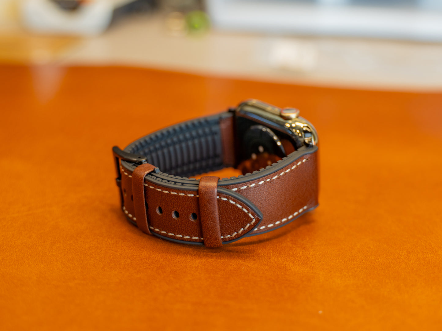 Italian Leather Apple Watch Band with Rubber Backing - Chestnut
