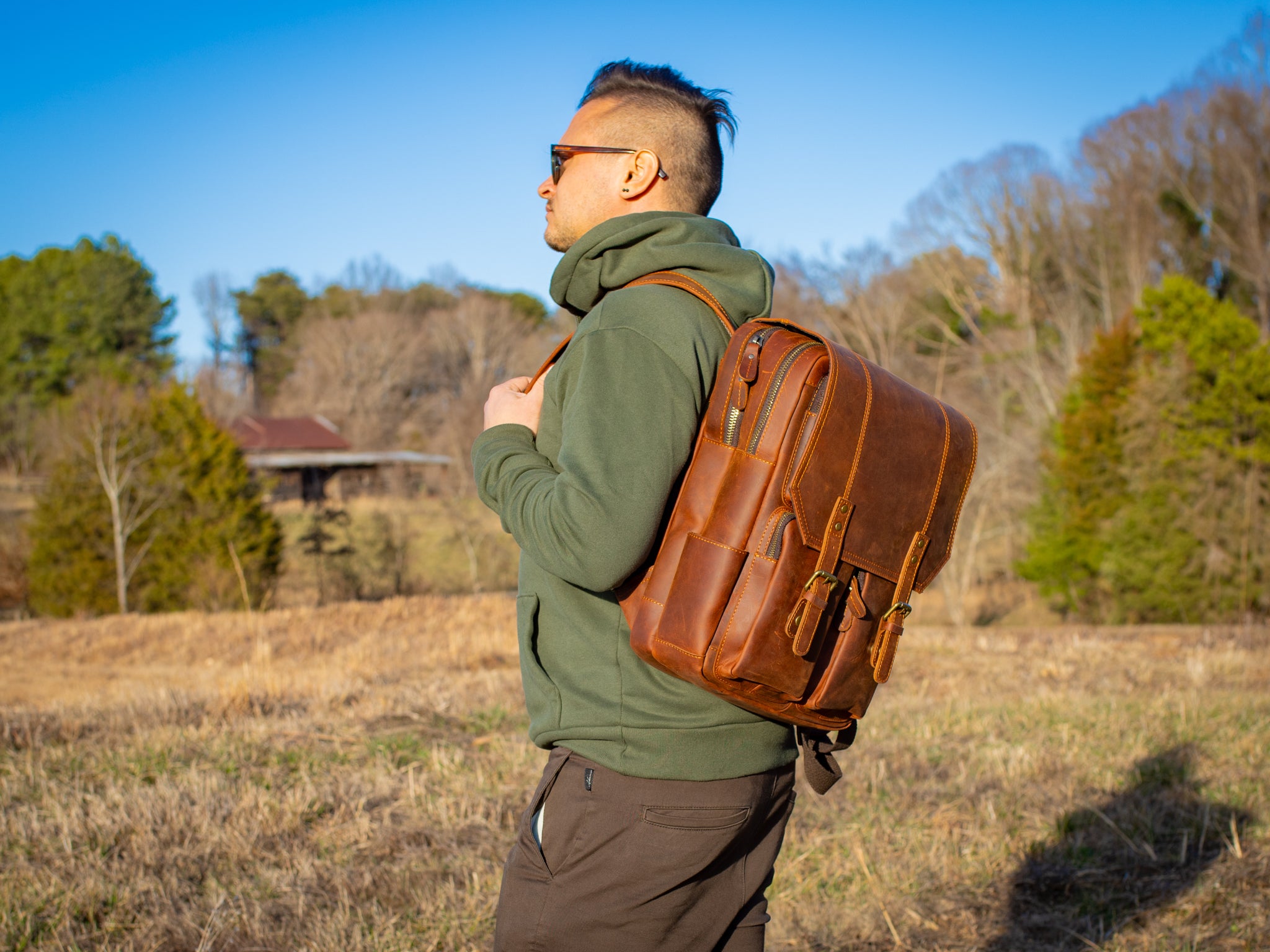 Crazy Horse Leather Voyager Backpack in Ginger Color Made in USA