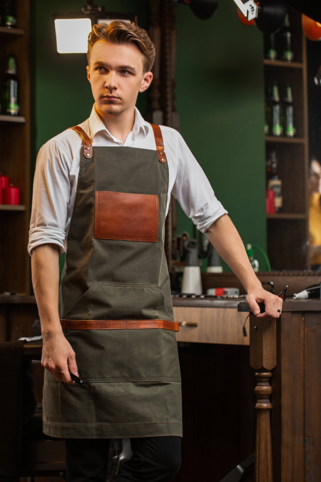Waxed Canvas and Leather Apron - Green
