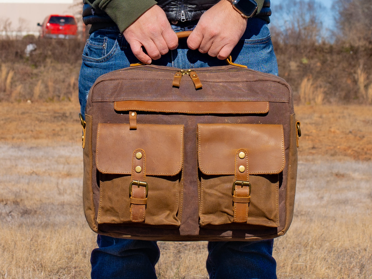 Waxed Canvas Briefcase Alvin - Brown Briefcase - olpr.