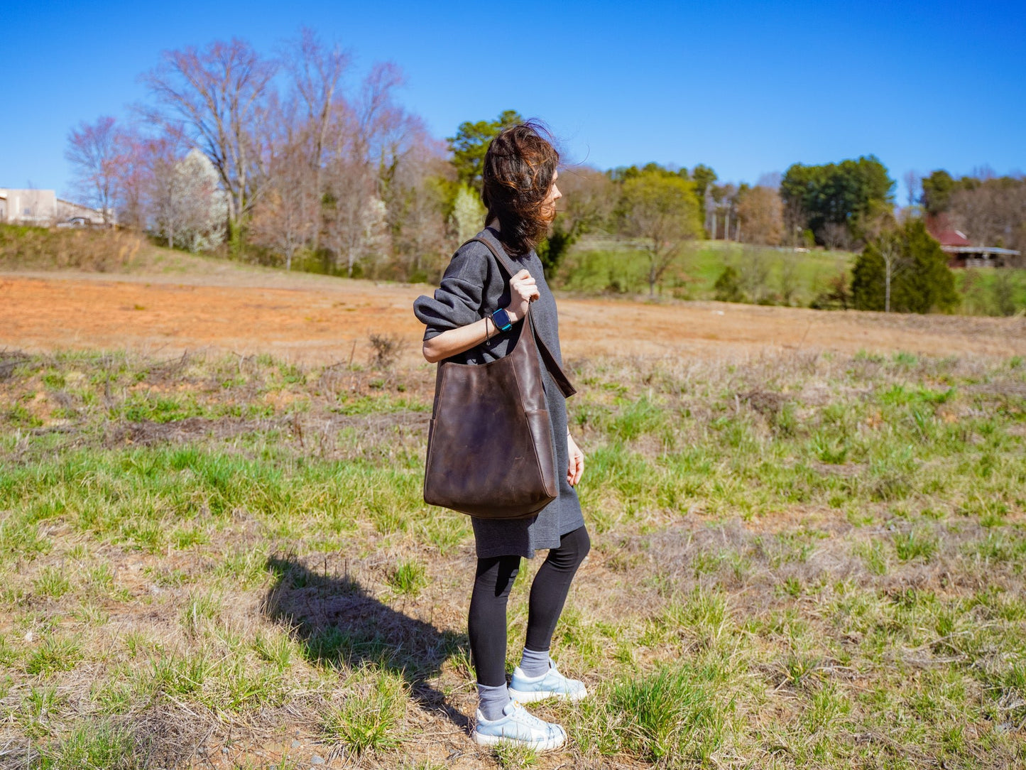 Handmade Leather Bell Tote Bag - Brown Nut