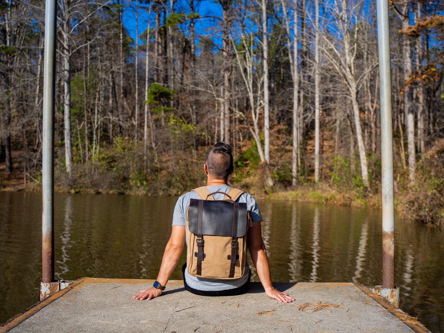 Men's Book Backpack Canvas and Leather - Camel