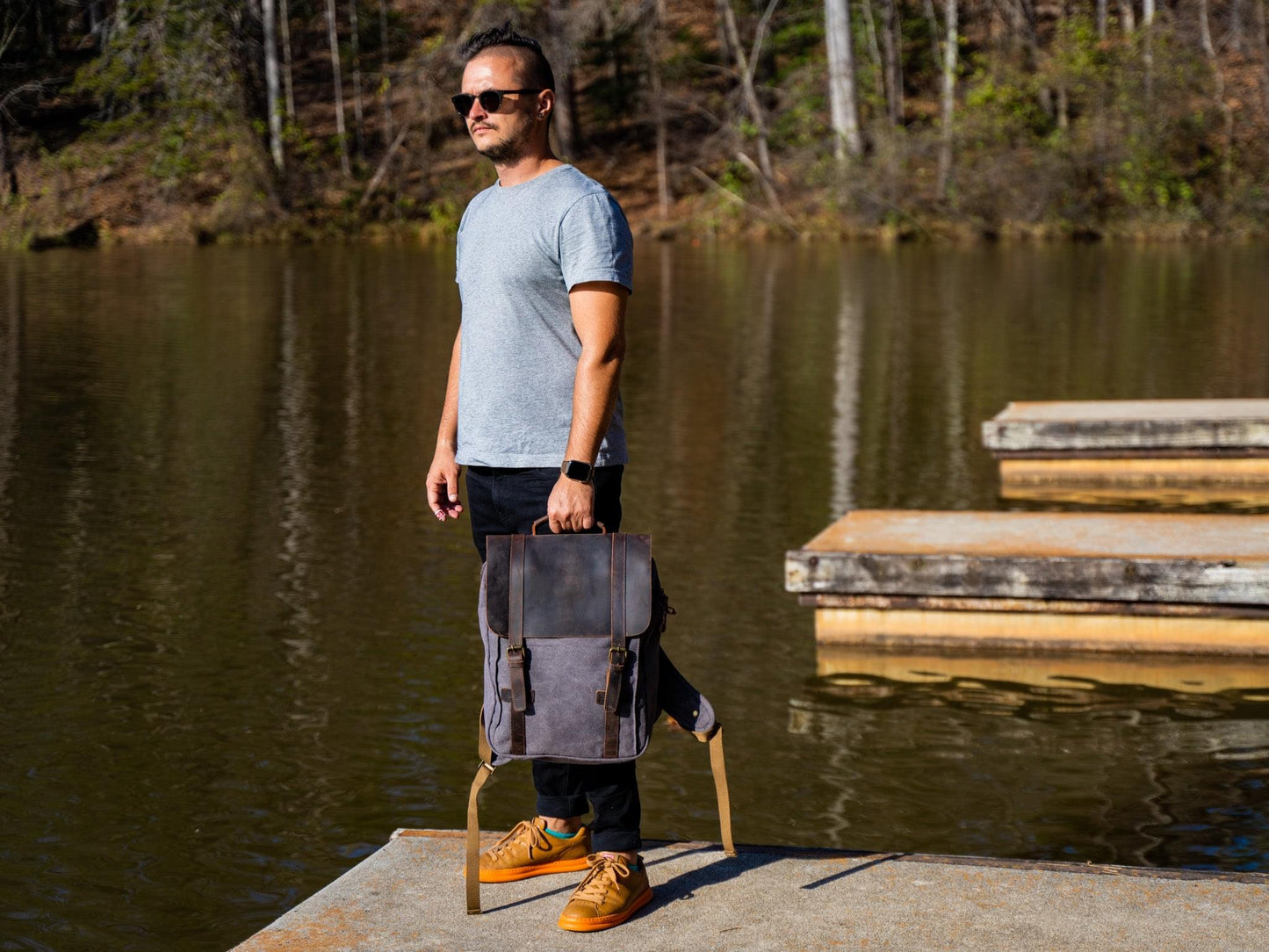 Men's Book Backpack Canvas and Leather in Charcoal