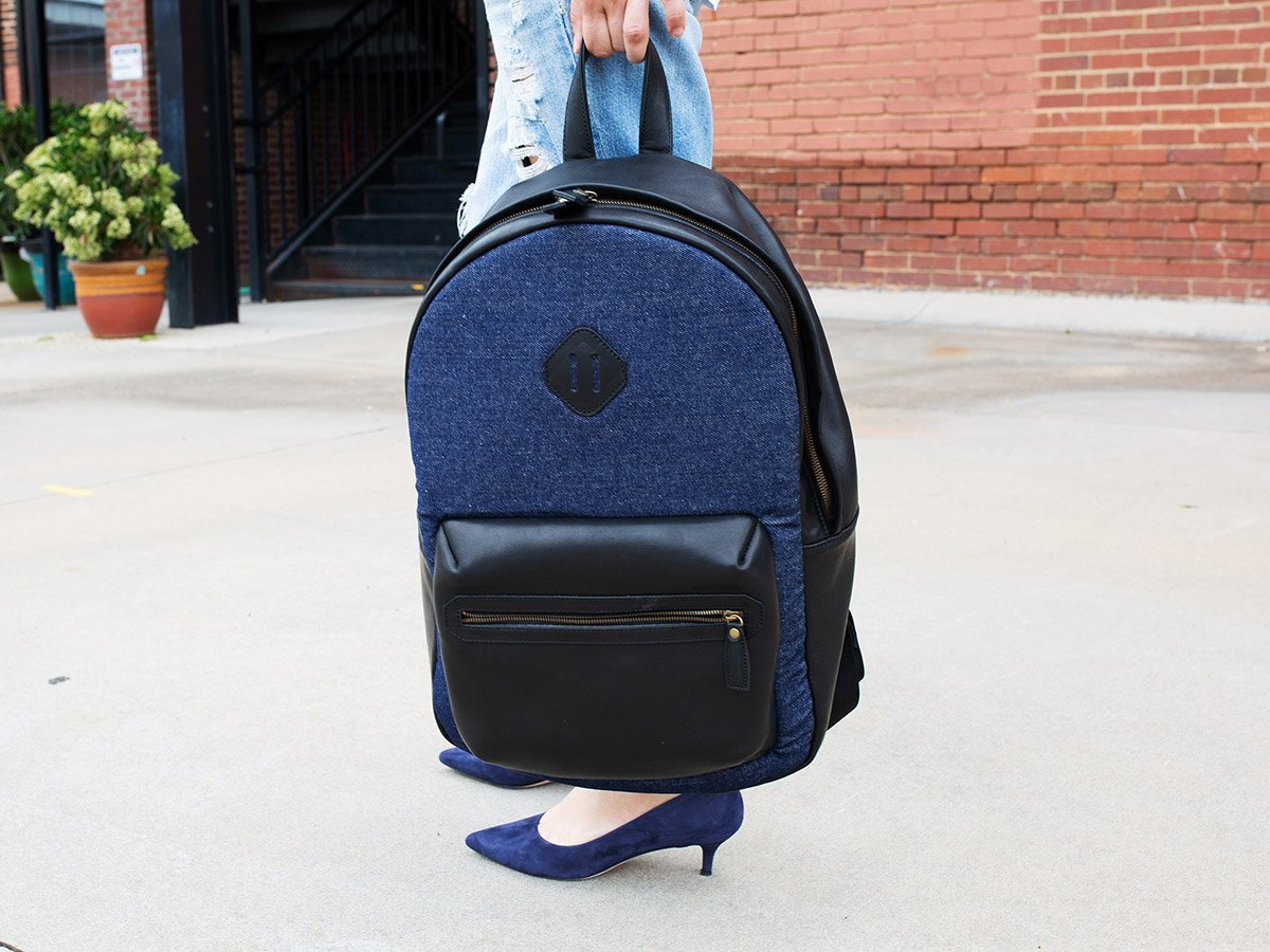 denim backpack with leather Handmade Leather and Denim Backpack City - Black