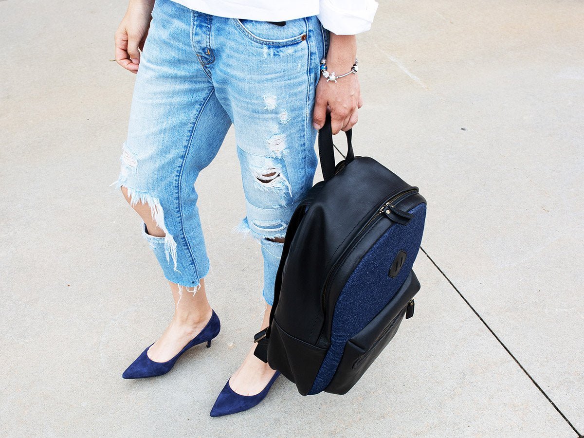 denim backpack with leather Handmade Leather and Denim Backpack City - Black