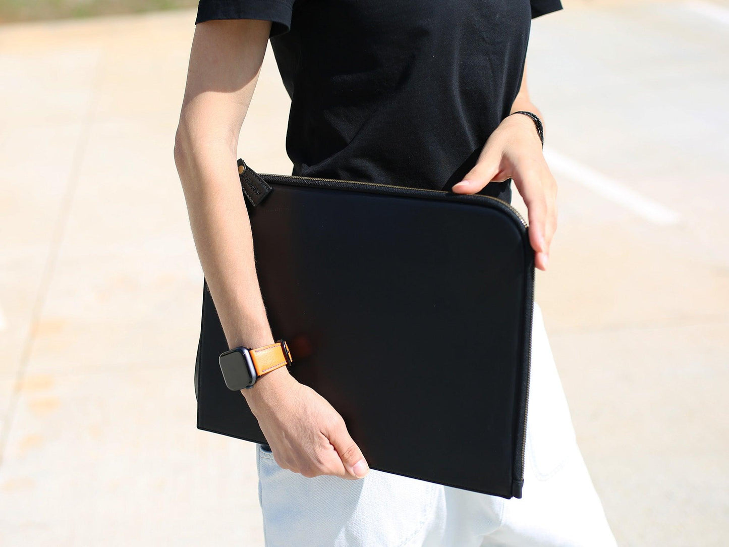 Leather Zipper Padfolio with Wrist Strap - Black Document Holder - olpr.