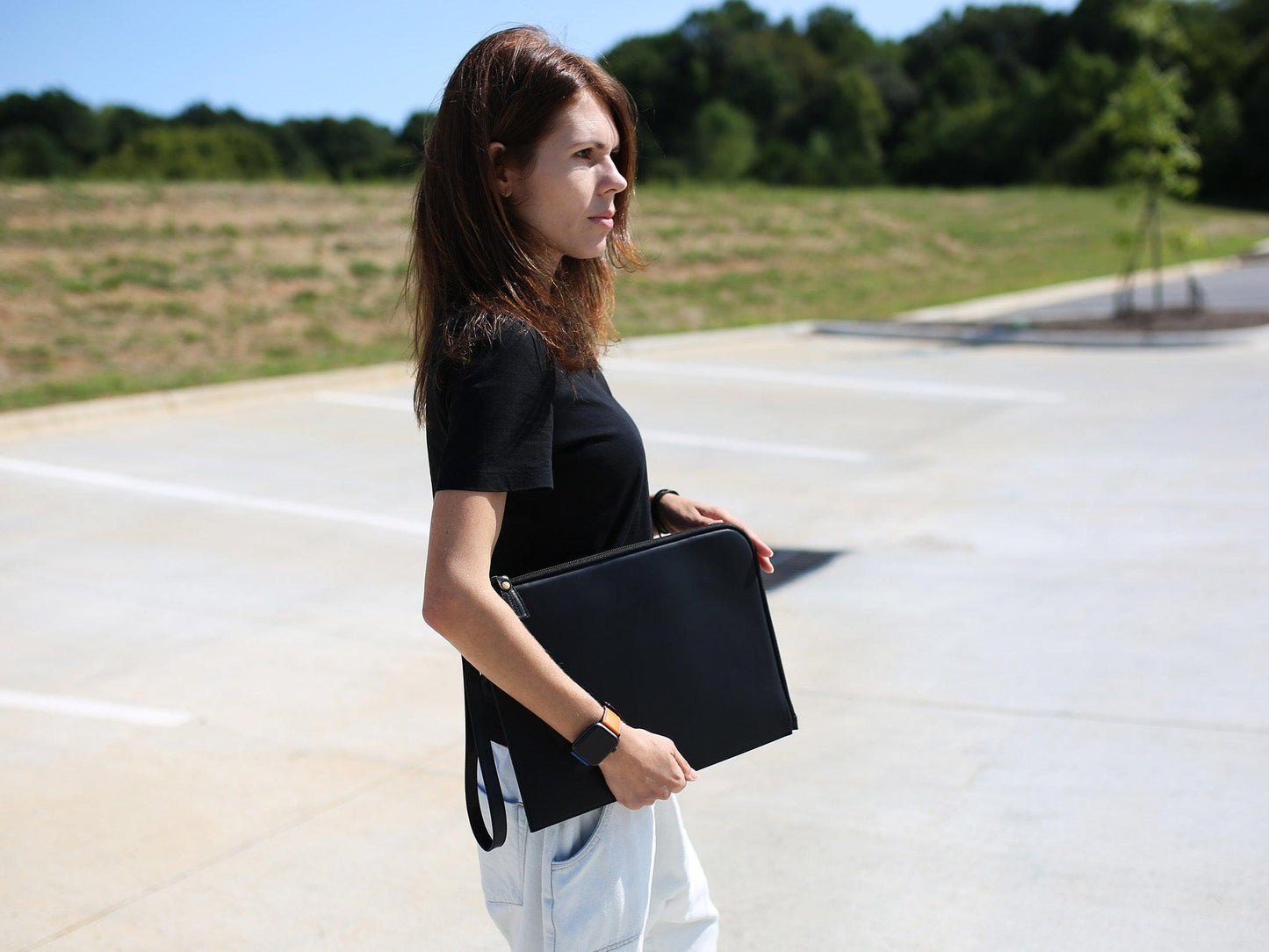 Leather Zipper Padfolio with Wrist Strap - Black Document Holder - olpr.