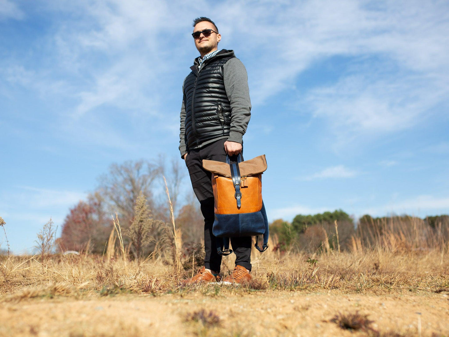 Zipper Rolltop Backpack Natural/Navy for Man Backpacks - olpr.