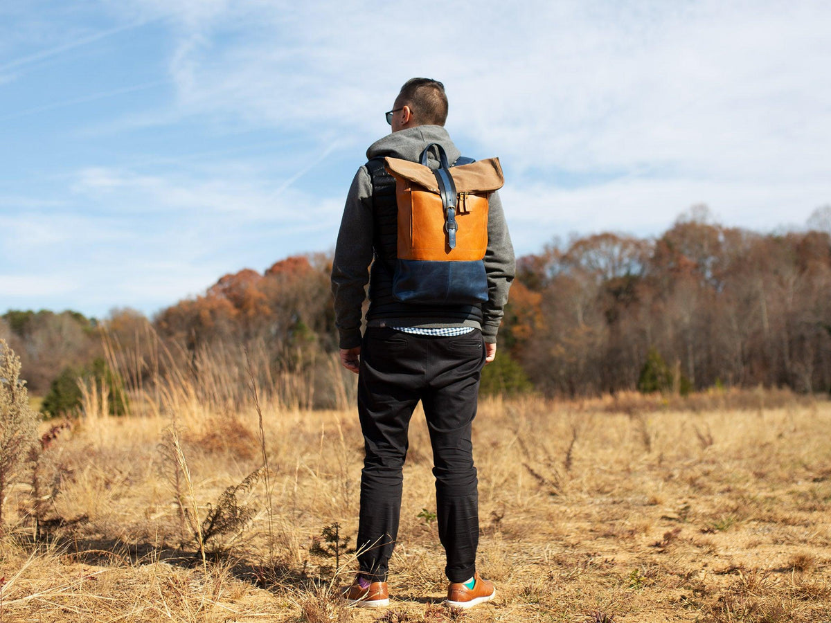 Zipper Rolltop Backpack Natural Navy for Man olpr. USA