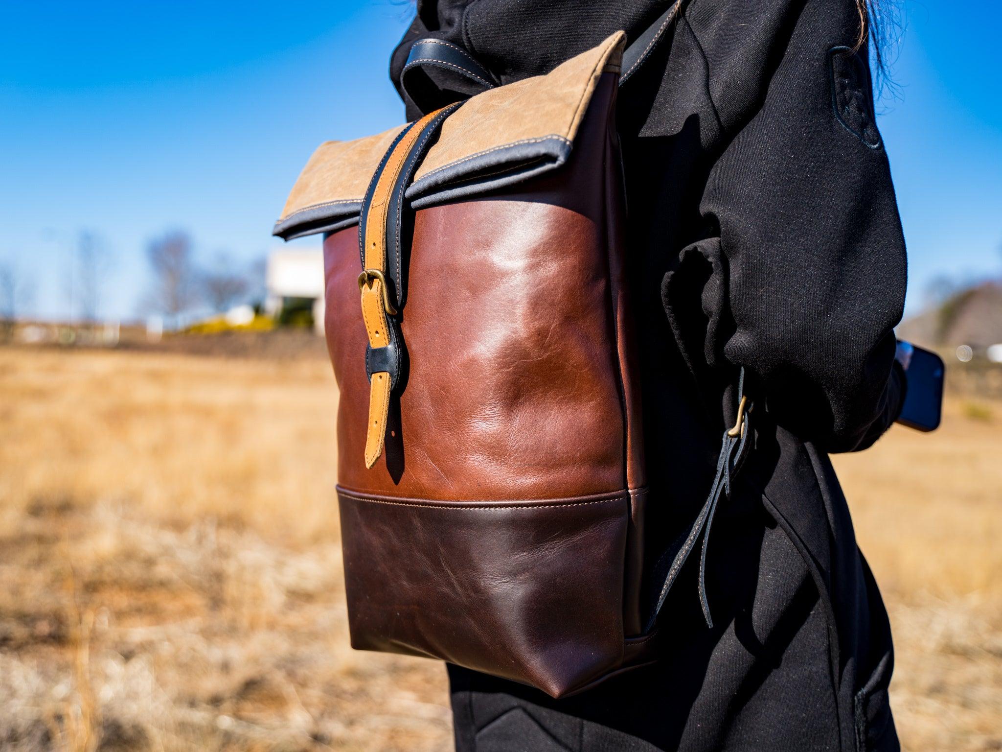 backpack leather unisex roll brand Leather Small Rolltop Backpack