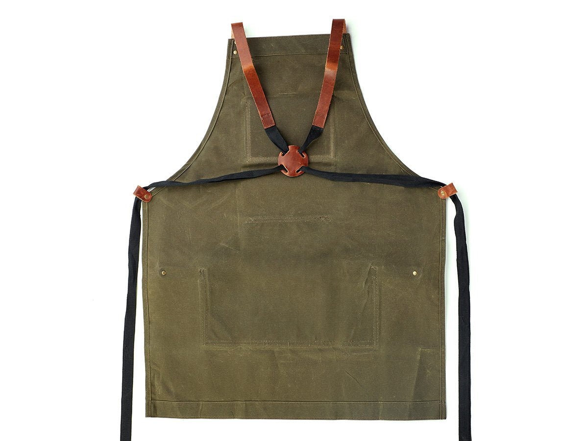 Waxed Canvas and Leather Apron - Green Apron - olpr.