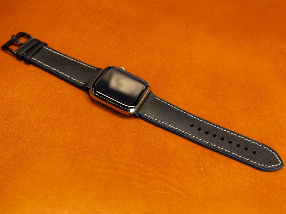 Italian Leather Apple Watch Band with Rubber Backing - Black