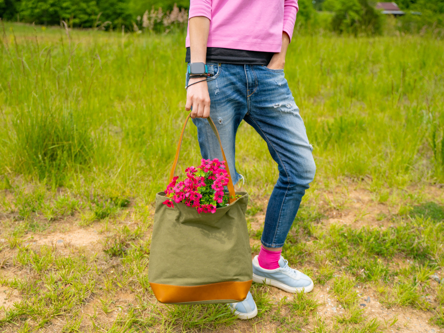 Canvas Bucket Tote Bag - Green