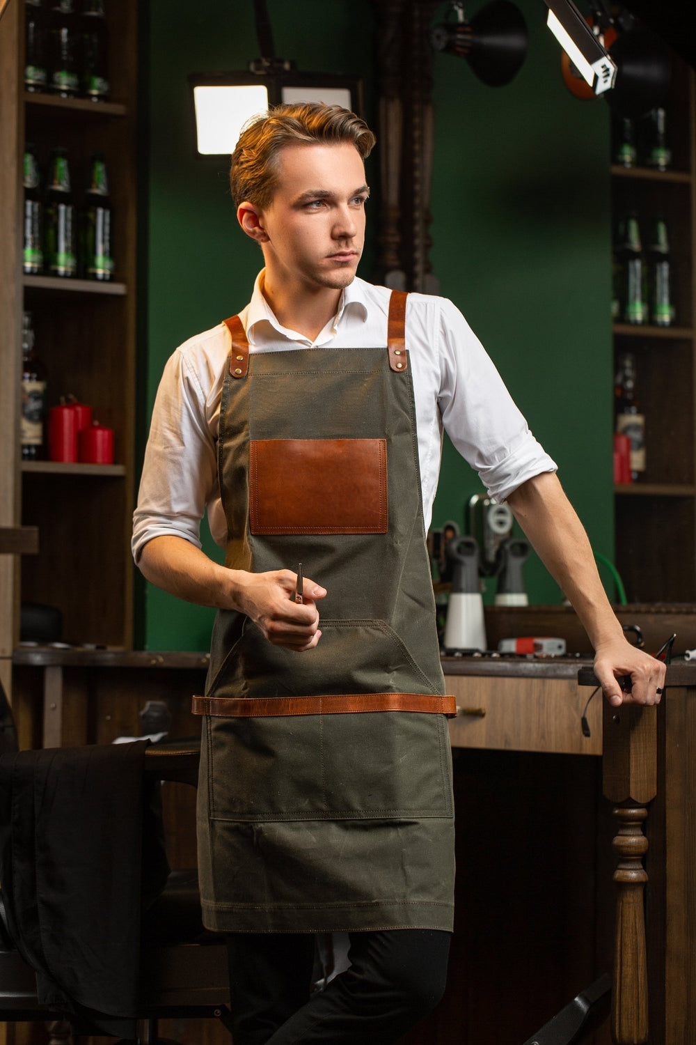 Waxed Canvas and Leather Apron - Green