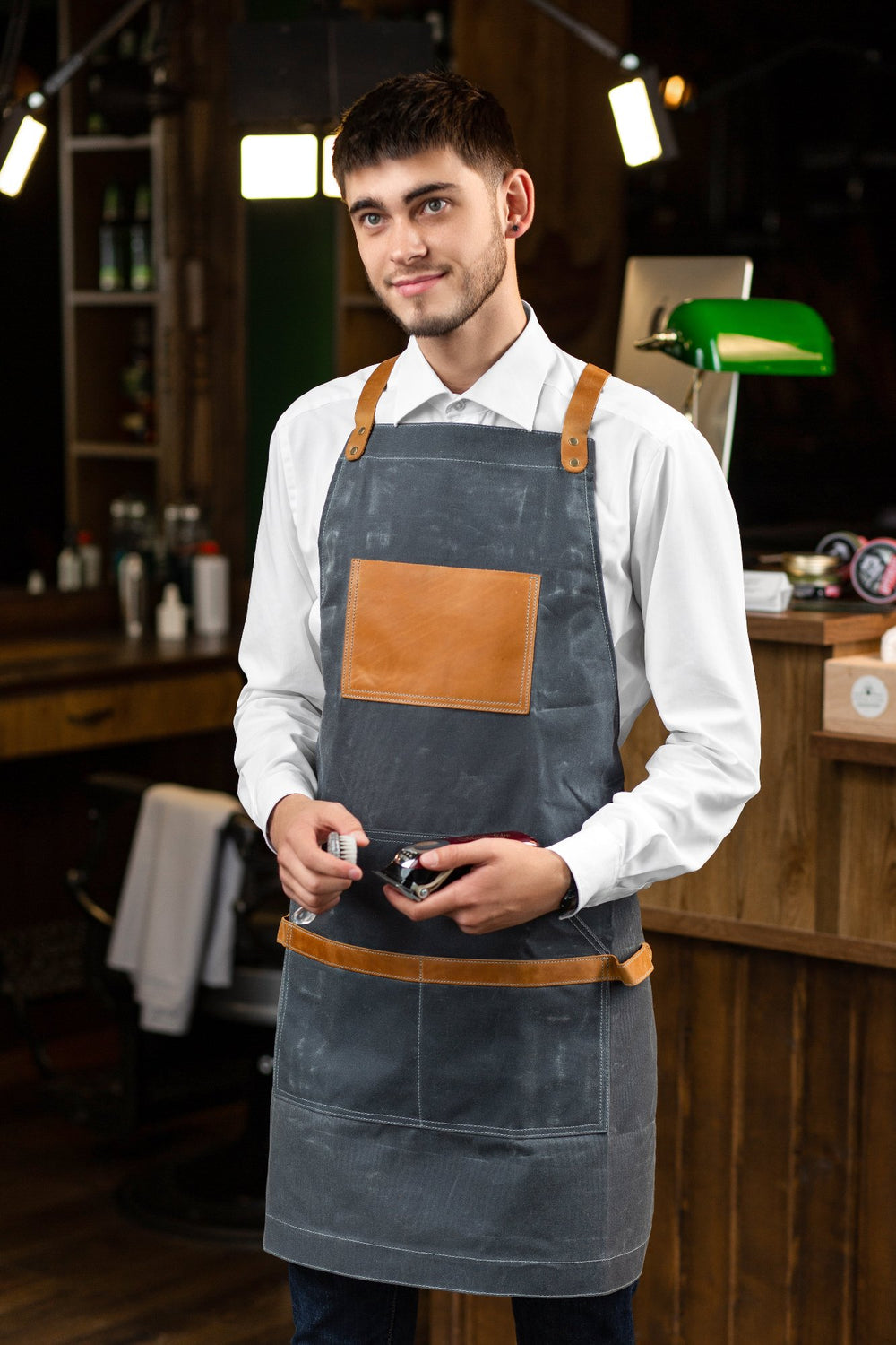 Waxed Canvas and Leather Apron - Grey