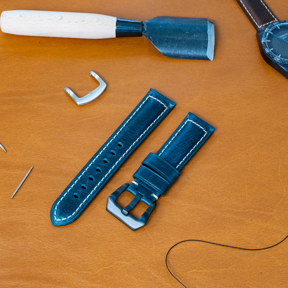 Italian Vintage Leather Watch Band in Navy Color