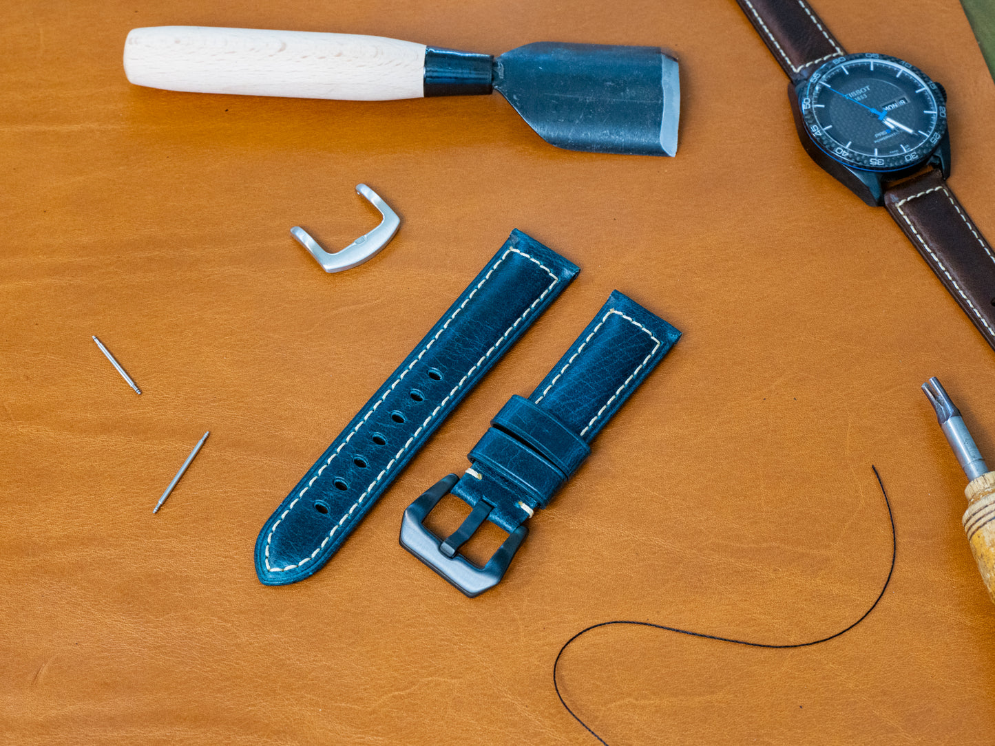 Italian Vintage Leather Watch Band in Navy Color