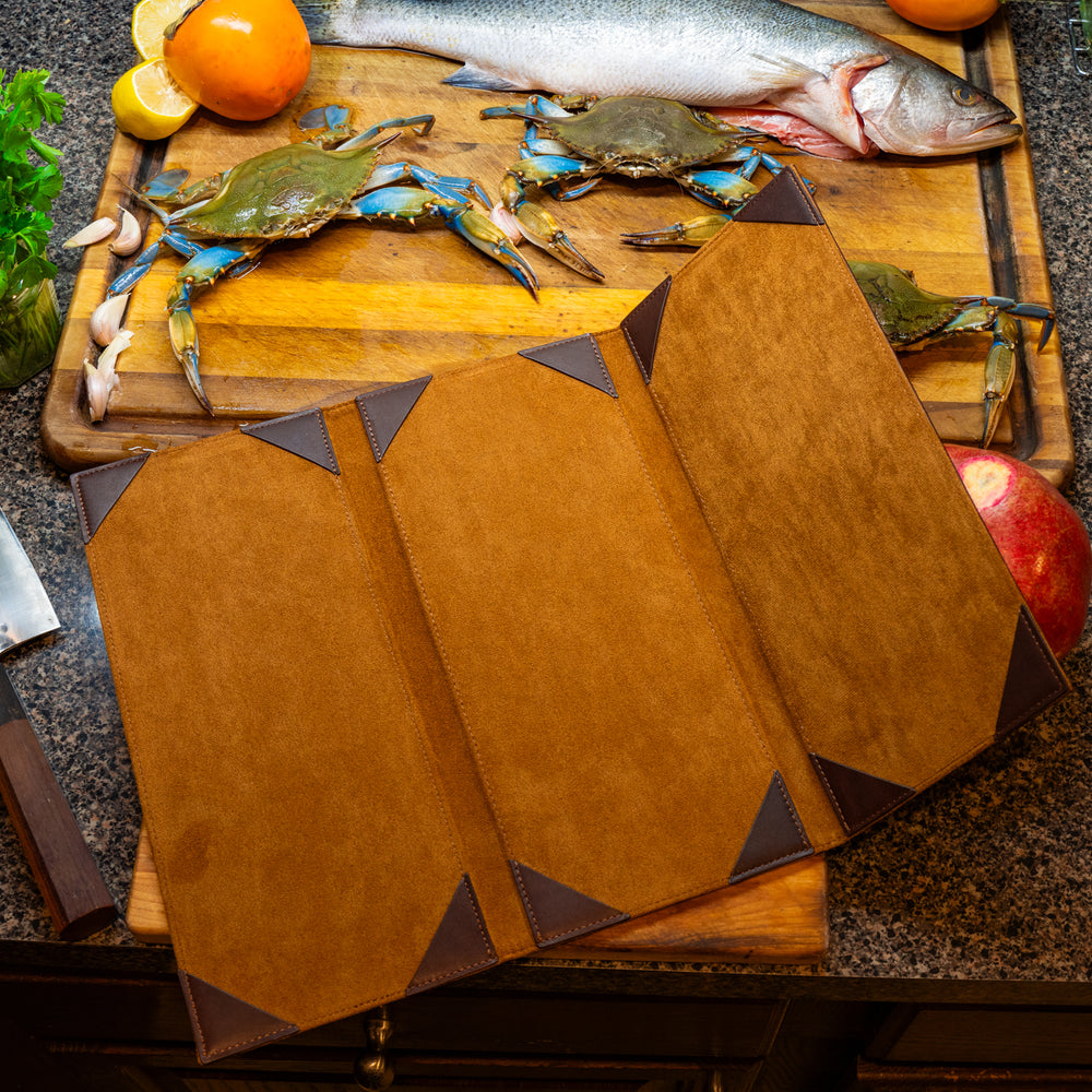 Vintage Leather Trifold Menu in Chestnut Color 