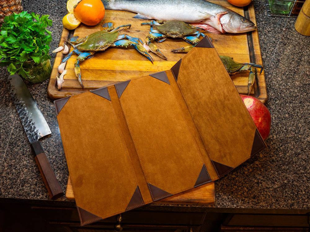 Vintage Leather Trifold Menu in Chestnut Color 