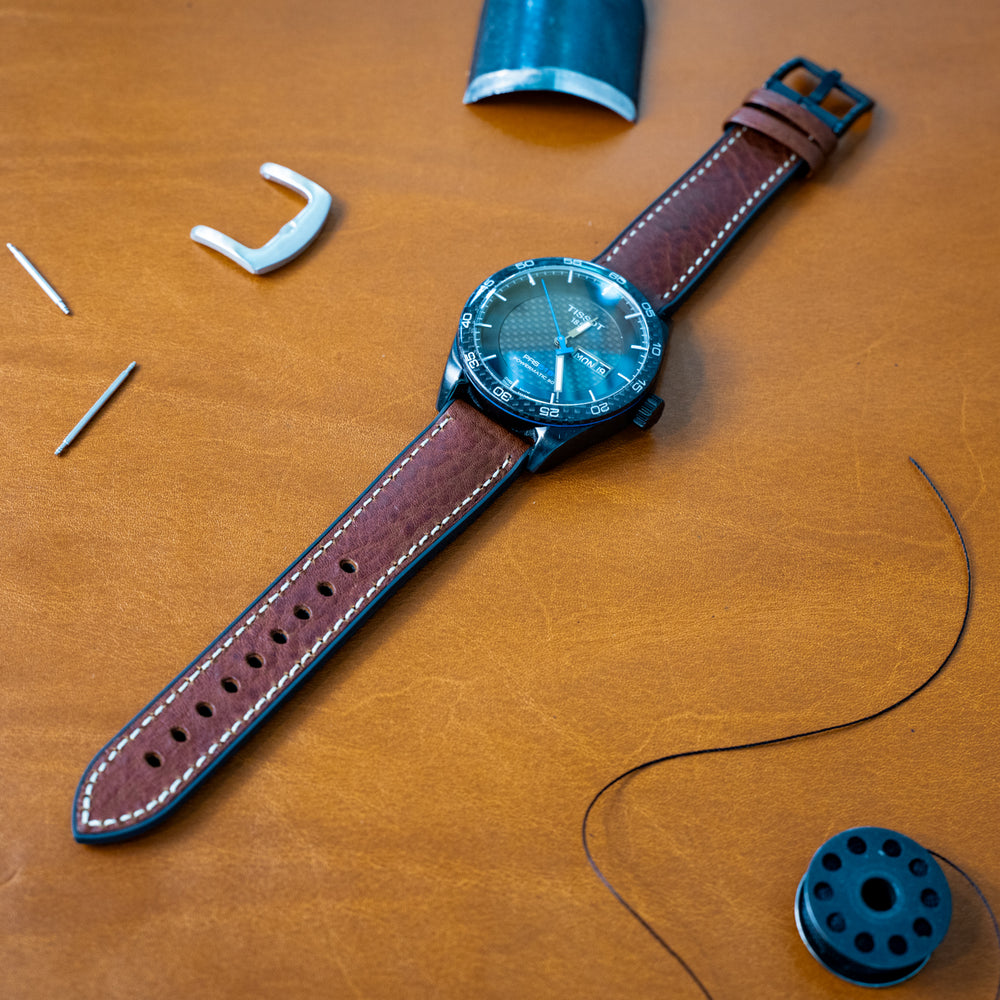 Italian Leather Watch Band with Rubber Backing - Chestnut