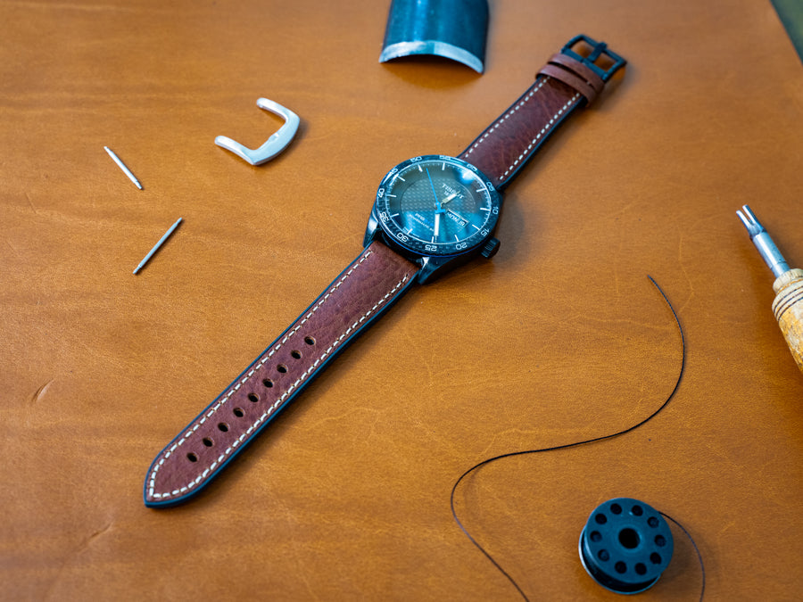 Italian Leather Watch Band with Rubber Backing - Chestnut