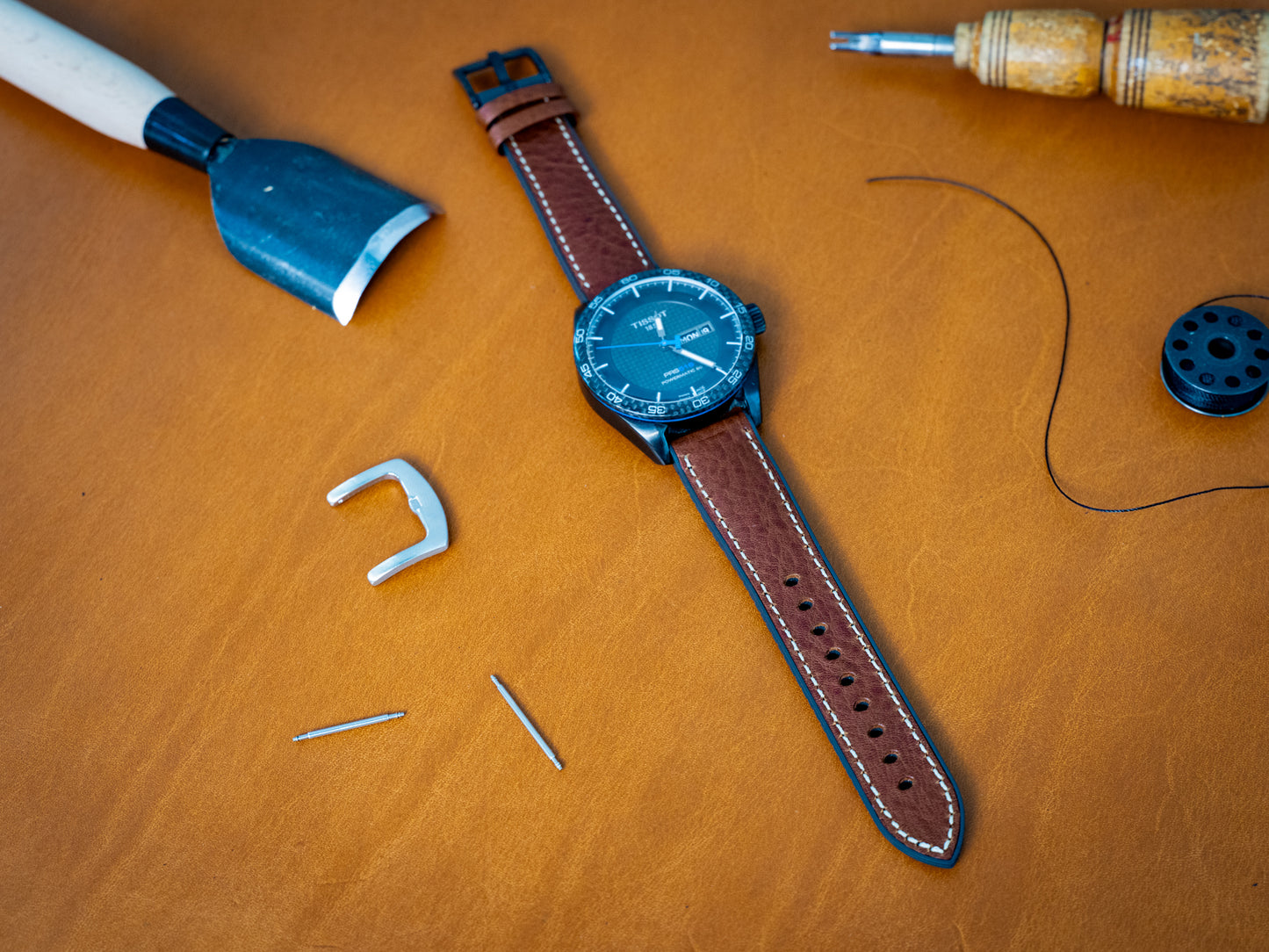 Italian Leather Watch Band with Rubber Backing - Chestnut