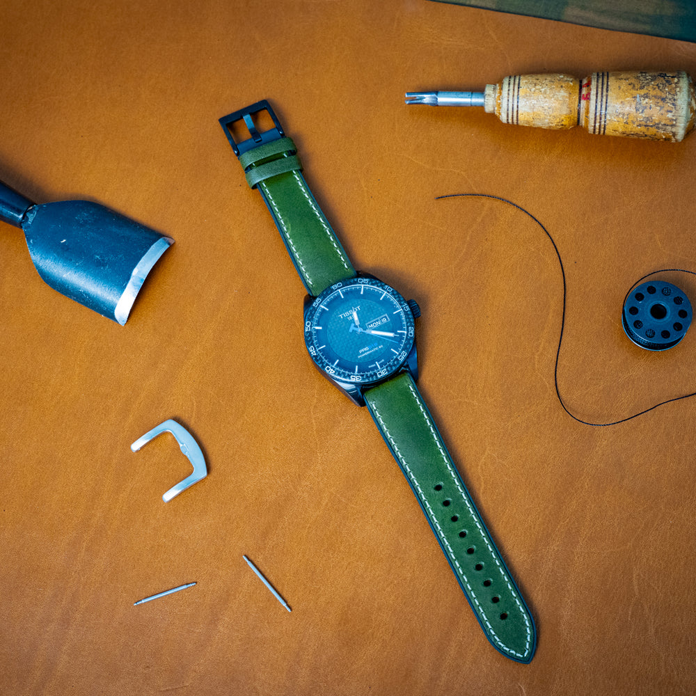 Italian Leather Watch Band with Rubber Backing - Green