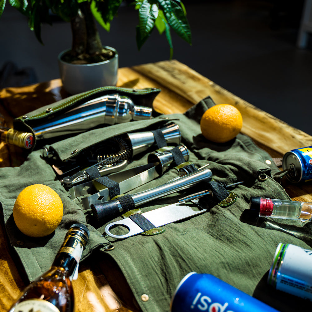 
                      
                        Waxed Canvas and Leather Bartender Bag - Green Bartender Roll - olpr.
                      
                    