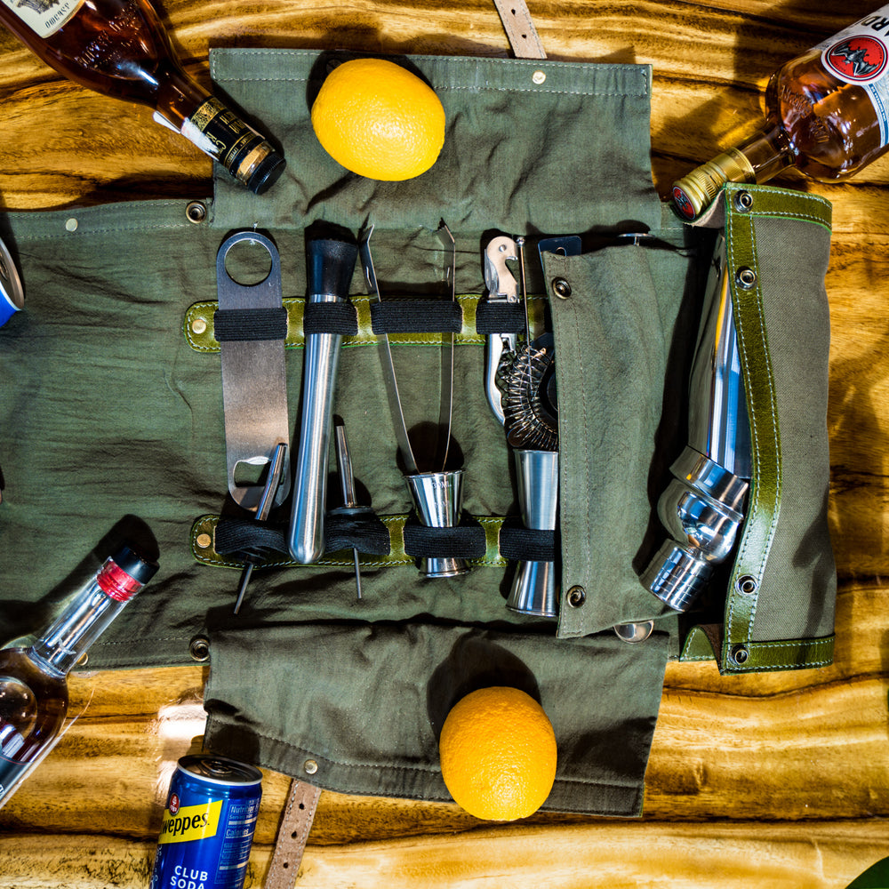 
                      
                        Waxed Canvas and Leather Bartender Bag - Green Bartender Roll - olpr.
                      
                    