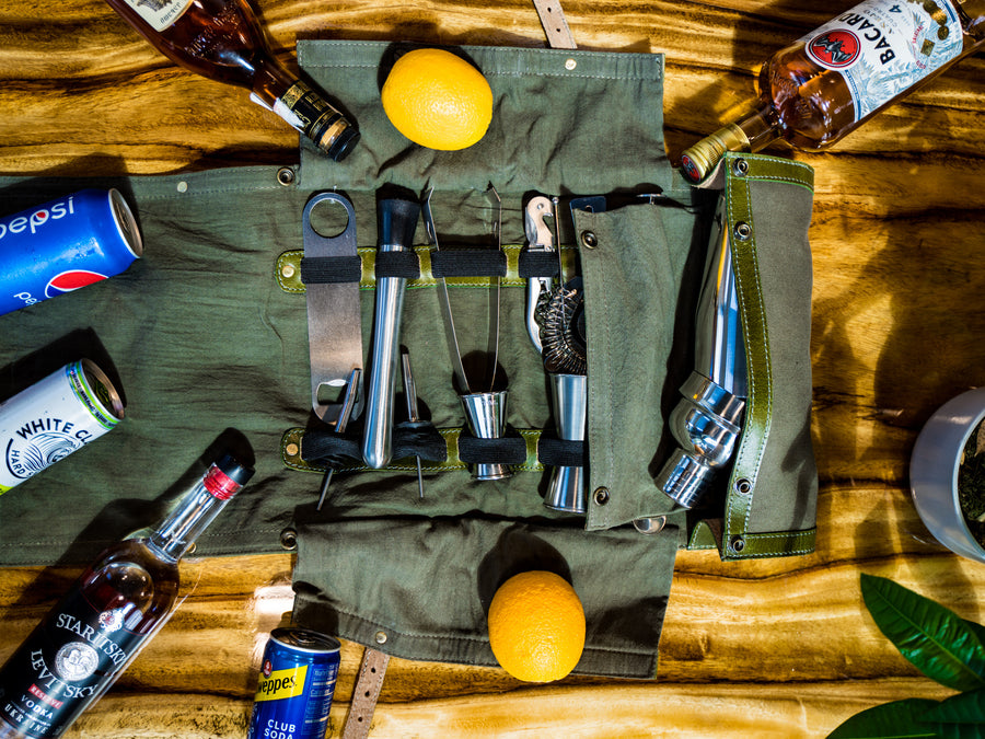 Waxed Canvas and Leather Bartender Bag - Green Bartender Roll - olpr.