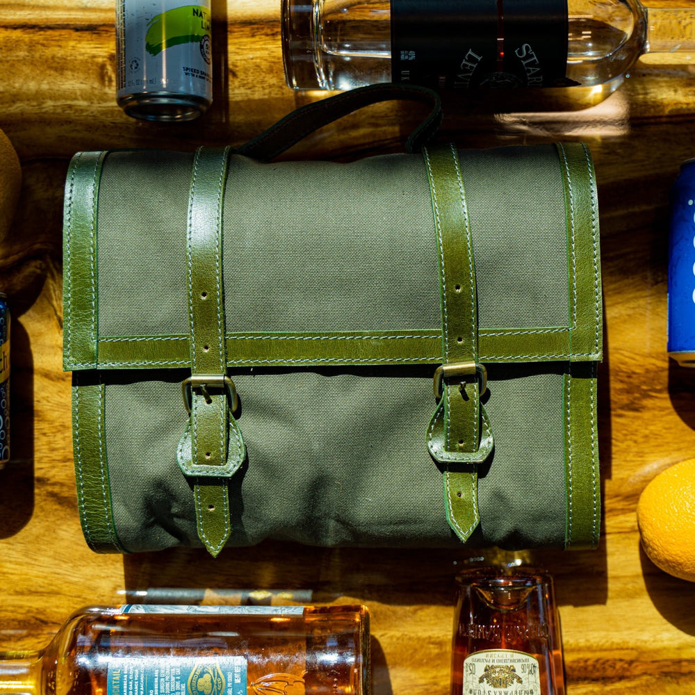 
                      
                        Waxed Canvas and Leather Bartender Bag - Green Bartender Roll - olpr.
                      
                    