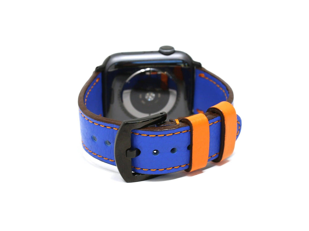 Dual Color Italian Leather Apple Watch Band - Blue and Orange iWatch Strap - olpr.