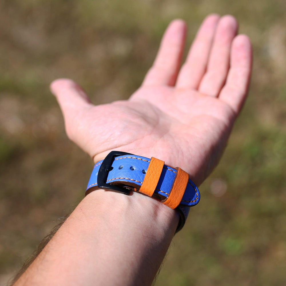 
                      
                        Dual Color Italian Leather Apple Watch Band - Blue and Orange iWatch Strap - olpr.
                      
                    