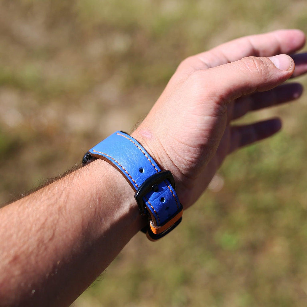 
                      
                        Dual Color Italian Leather Apple Watch Band - Blue and Orange iWatch Strap - olpr.
                      
                    