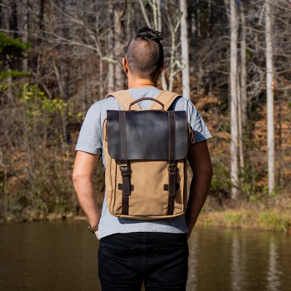Men's Book Backpack Canvas and Leather - Camel