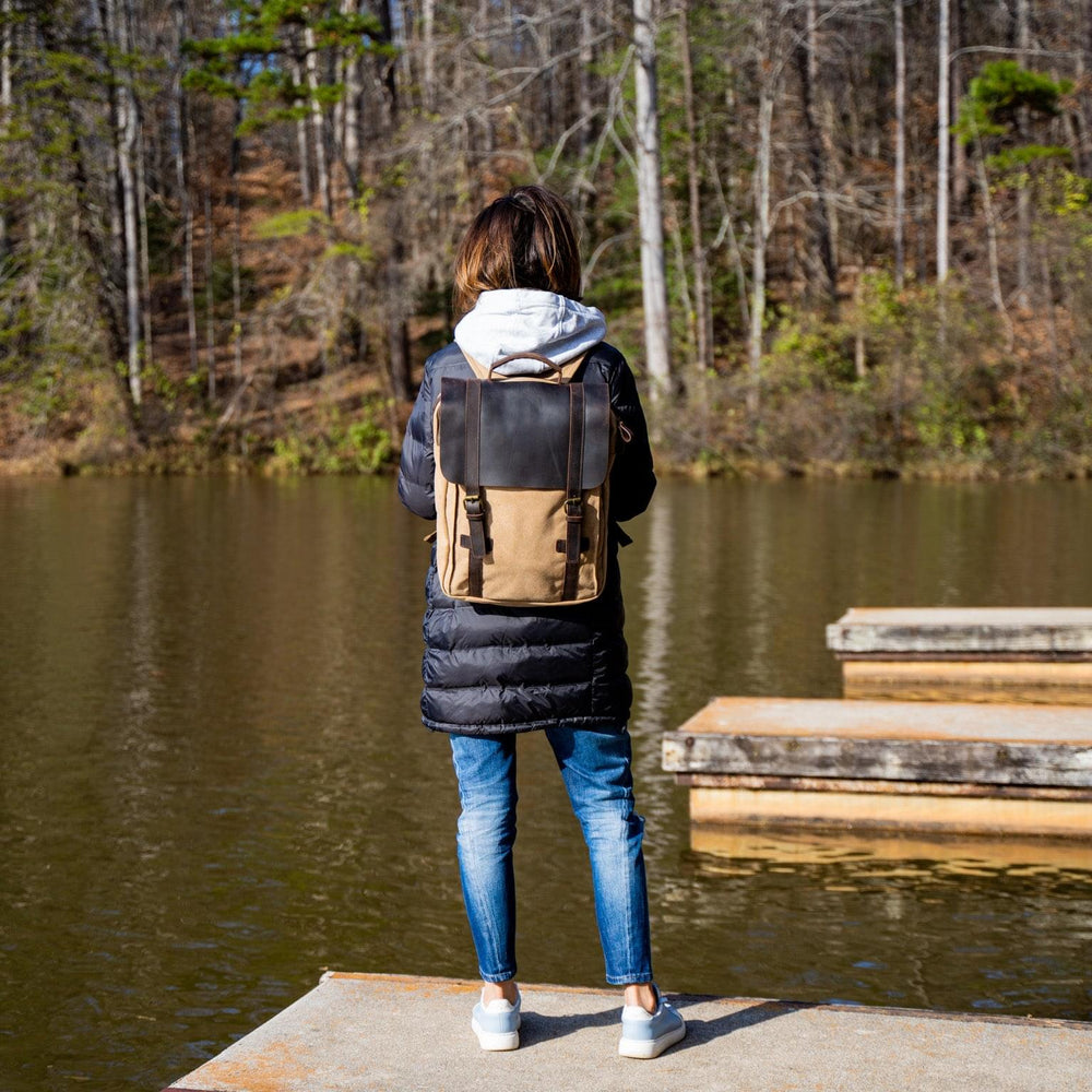 Women's Book Backpack Canvas and Leather in Camel