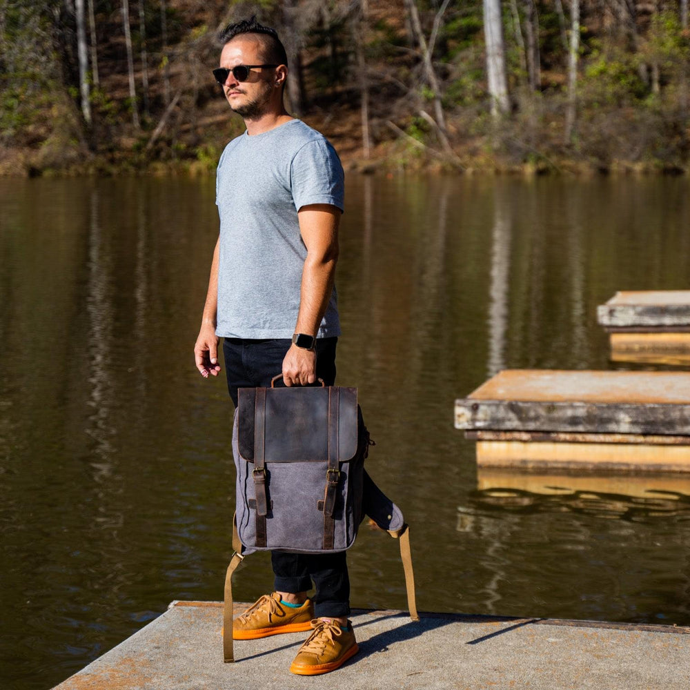 Men's Book Backpack Canvas and Leather in Charcoal