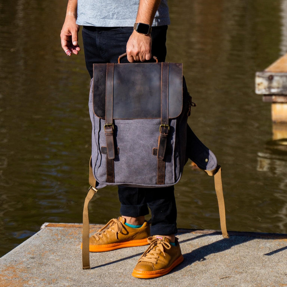 canvas and leather backpack mens Men's Book Backpack Canvas and Leather in Charcoal