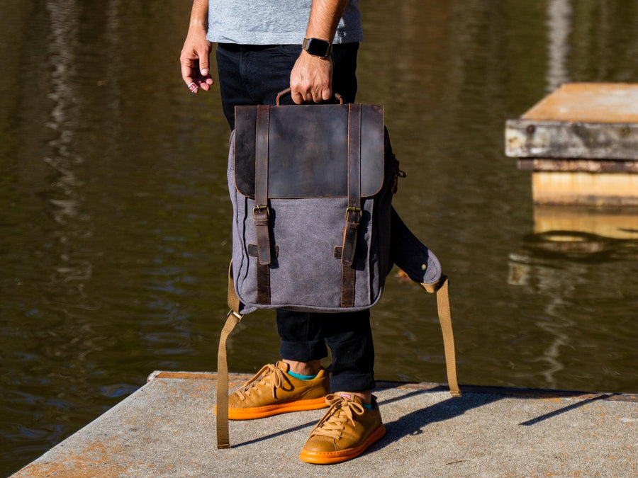 Book Backpack Canvas and Leather - Charcoal