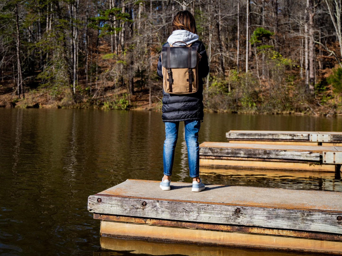 Women's Book Backpack Canvas and Leather - Camel