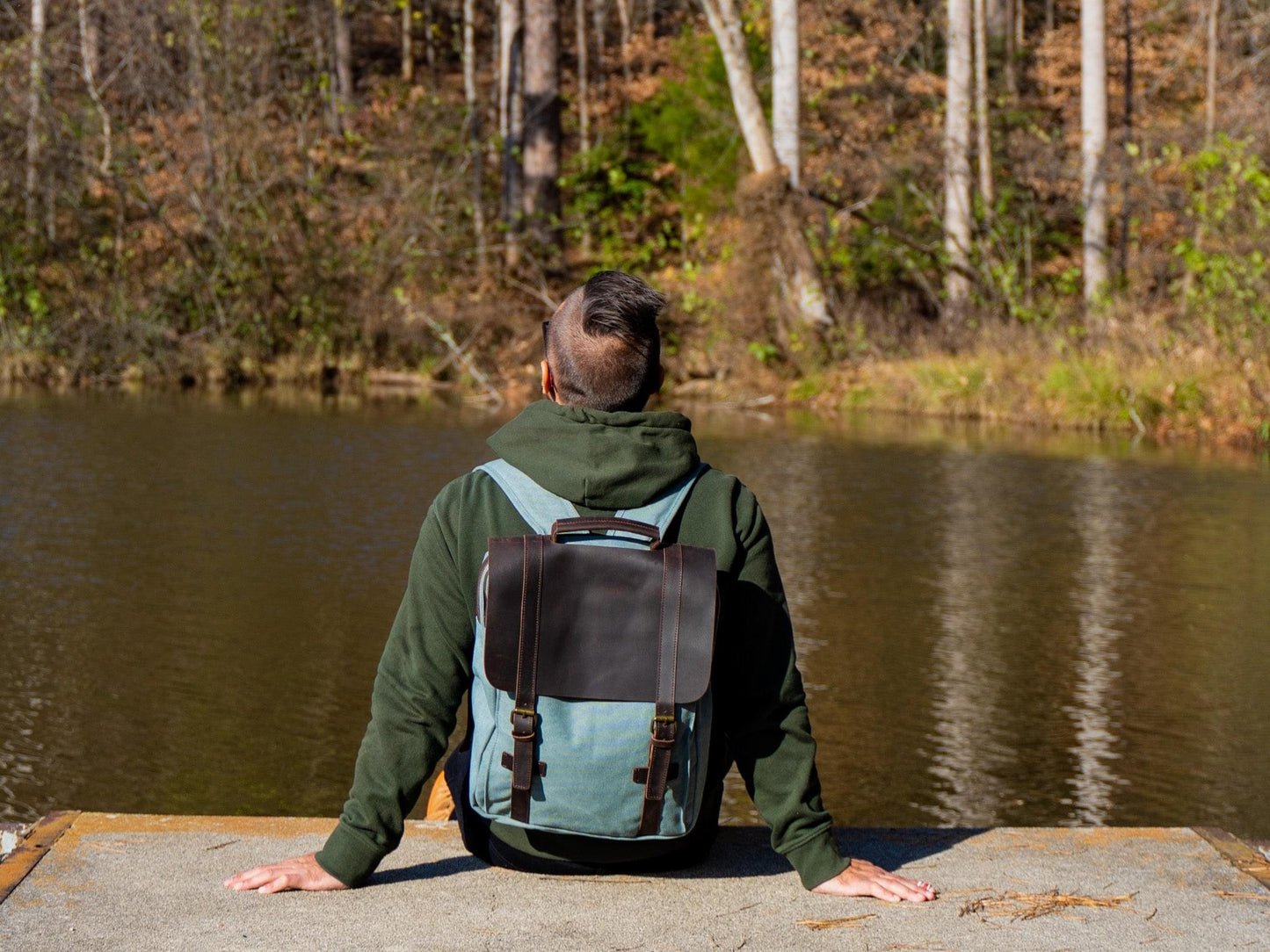 Men's Book Backpack Canvas and Leather - Teal