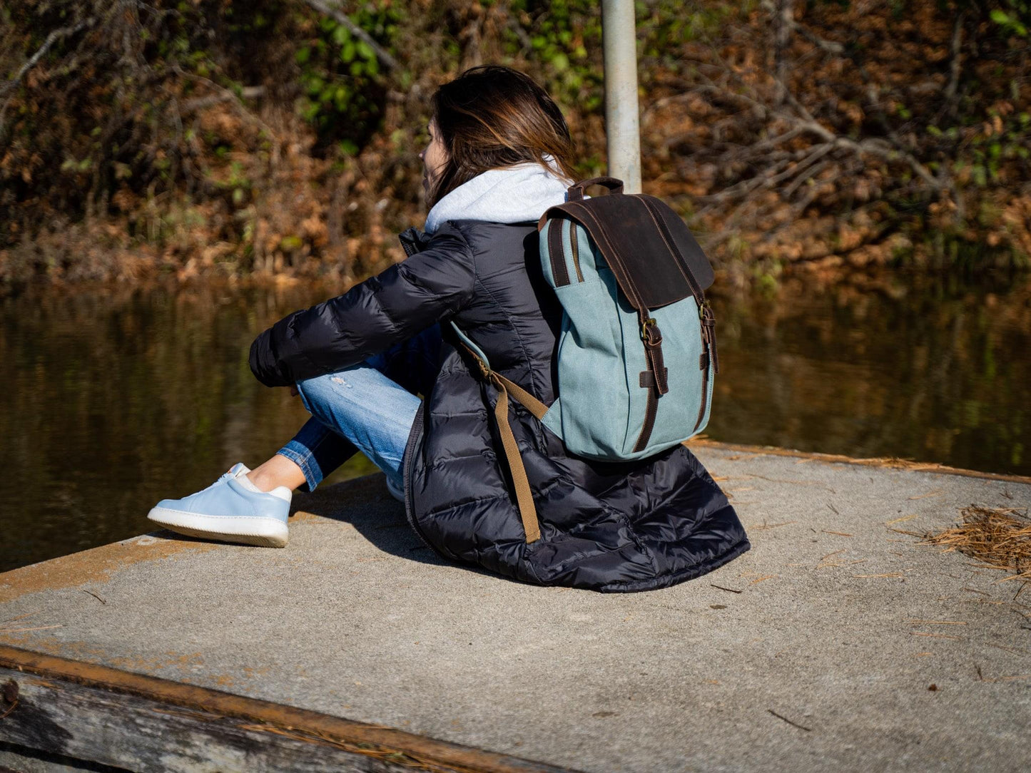 canvas leather backpack blue Women's Book Backpack Canvas and Leather - Teal