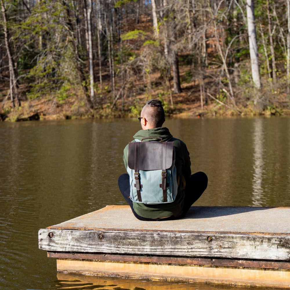 Men's Book Backpack Canvas and Leather in Teal 
