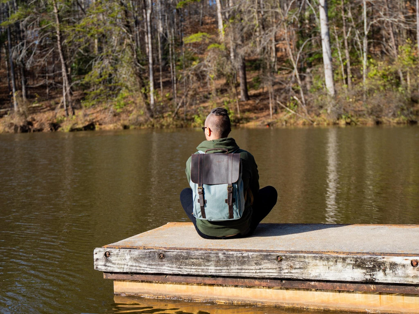 Men's Book Backpack Canvas and Leather in Teal 