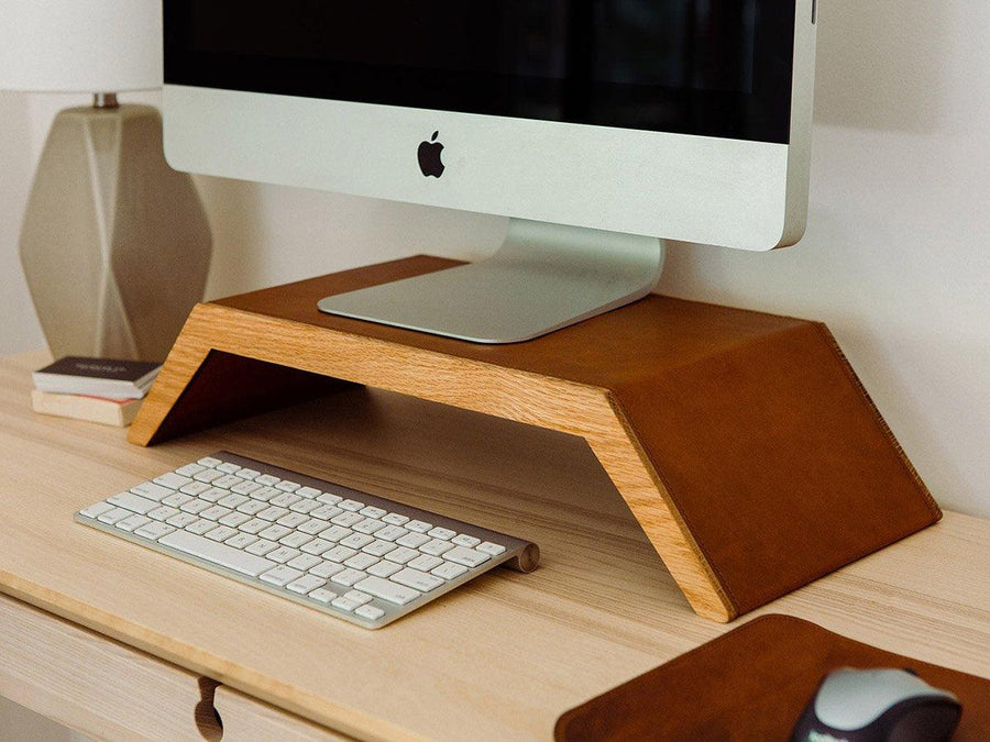 Monitor Stand of Wood and Leather - Tan Computer Monitor Stands - olpr.