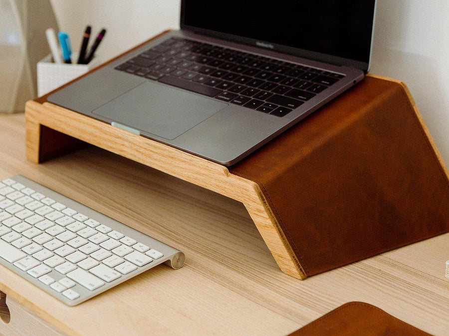 Laptop Stand of Wood and Leather - Tan Computer Monitor Stands - olpr.