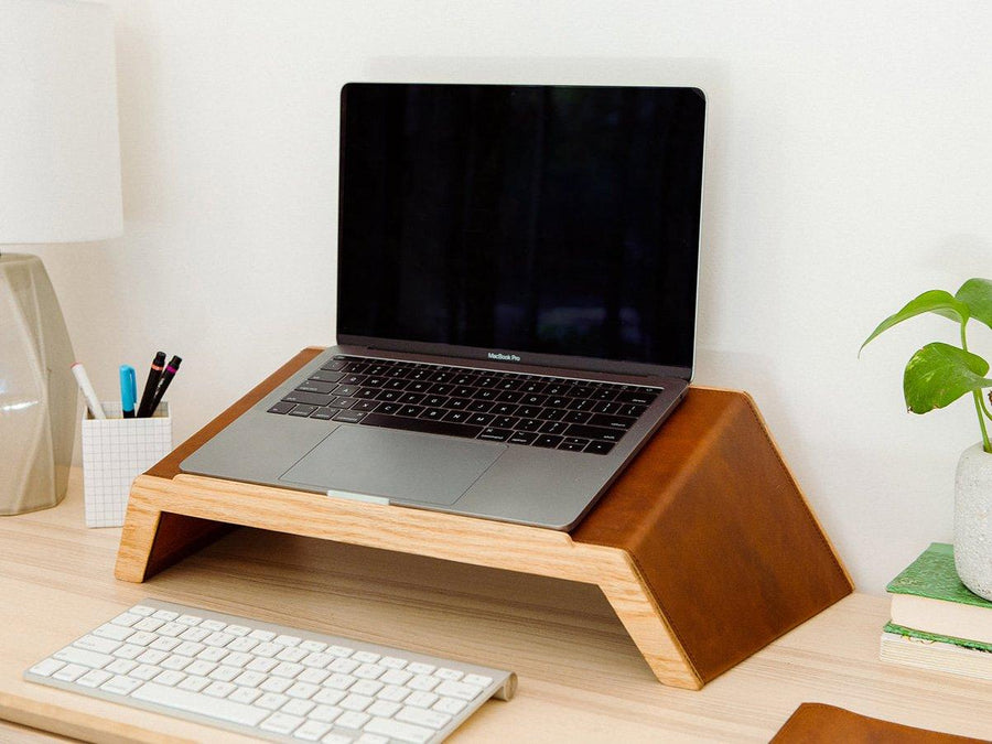 Laptop Stand of Wood and Leather - Tan Computer Monitor Stands - olpr.